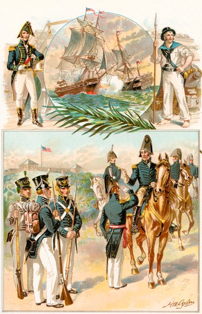 uniformen van het Amerikaanse leger en de marine tijdens de Oorlog van 1812, uit De Geschiedenis van Ons Land, gepubliceerd 1905 door Henry Alexander Ogden